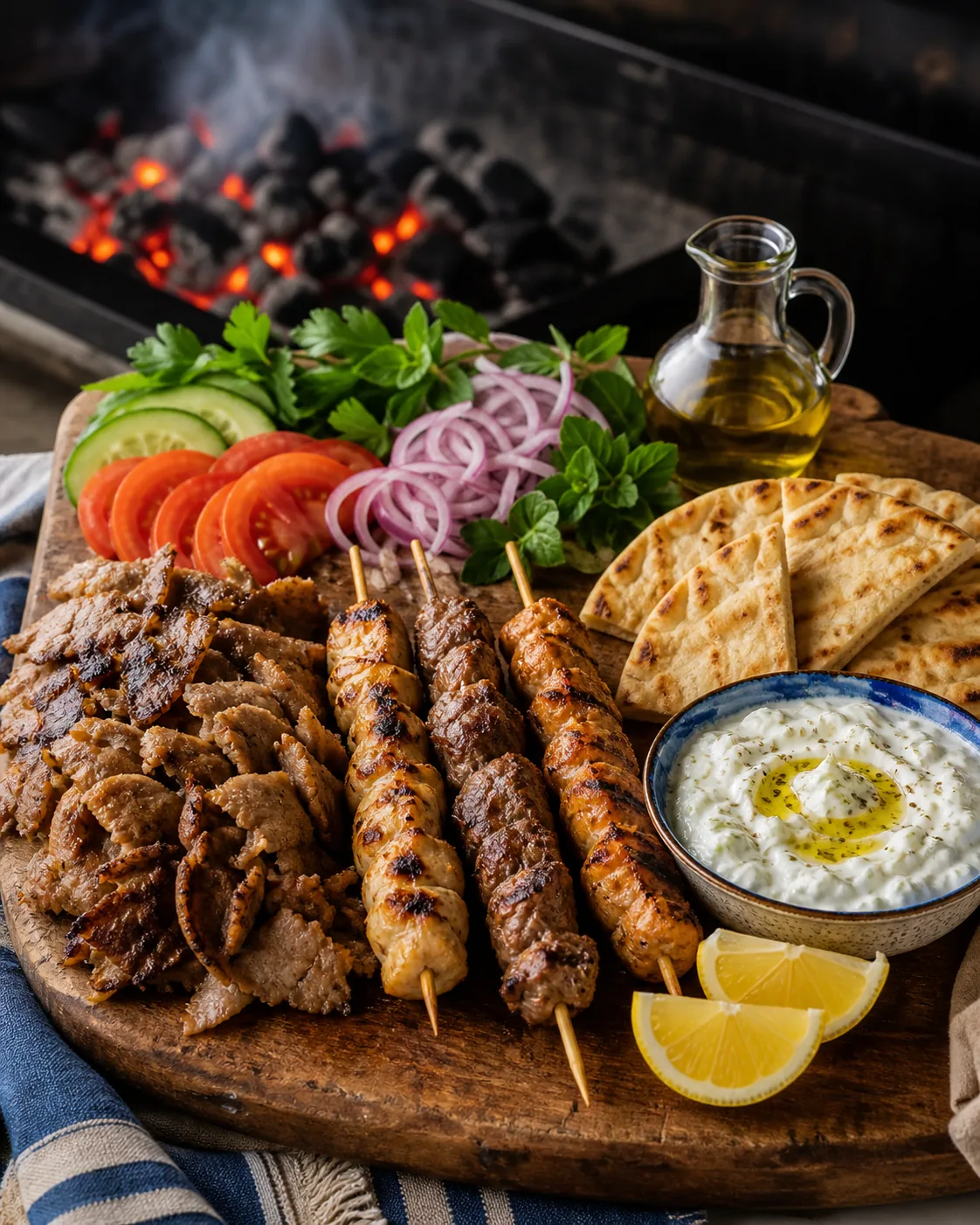 Gyros and souvlaki with pita, tzatziki, herbs and vegetables by the grill